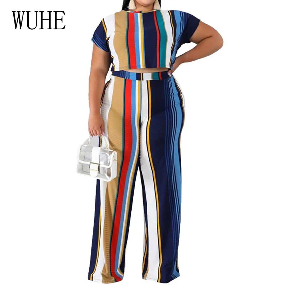 WUHE Two Pieces Sets Striped Playsuits Elegant O Neck Short Sleeve Top + Loose Pants Summer Women Casual Jumpsuits Plus Size 5XL WUHE Two Pieces Sets Striped Playsuits Elegant O Neck Short Sleeve Top + Loose Pants Summer Women Casual Jumpsuits Plus Size 5XL