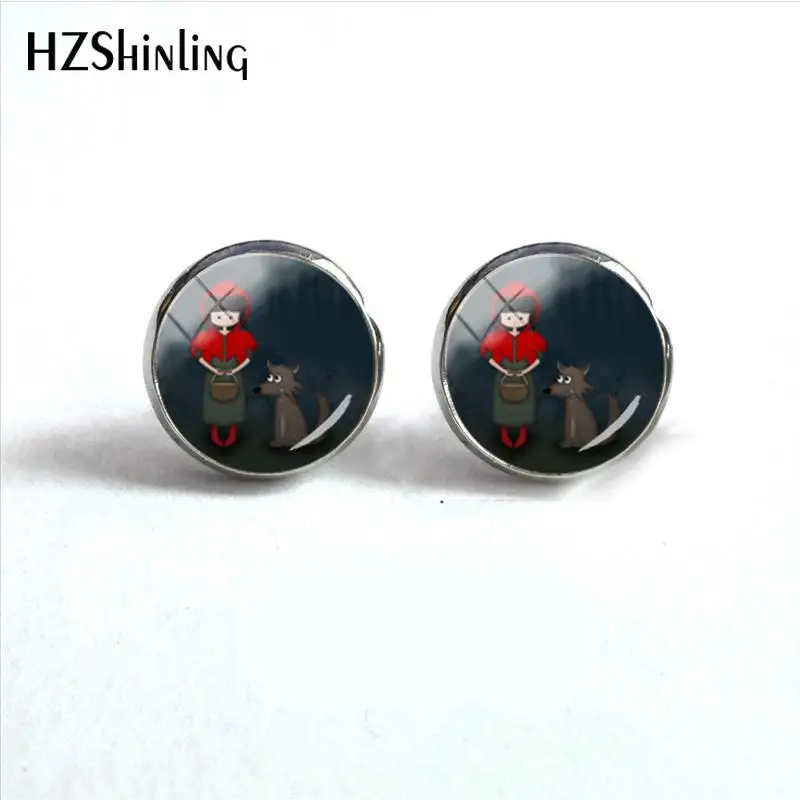 2018 New Whimsical Little Red Riding Hood Orecchino Ragazza E Lupo Ear Stud Round Glass Dome Orecchini Colore Foto Gioielli Hz4