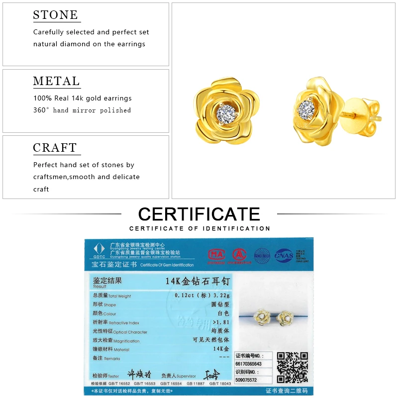EDI Genuine Natural Diamond 14k 585 Yellow Gold Stud Earrings For Women Rose Flower Fine Jewelry