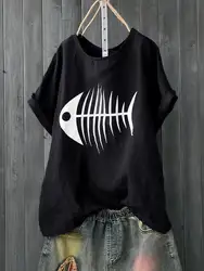 2019 женская футболка с принтом рыбьей кости, большие размеры, топы с короткими рукавами, женская летняя повседневная футболка, женская