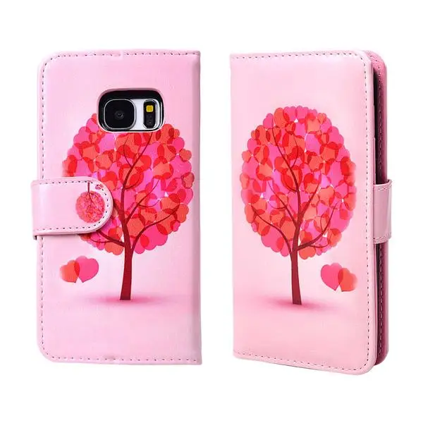 

pink tree pattern pu leather phone case with photo holder for samsung galaxy s7 stand phone cover with id card slot for 5.1" s7