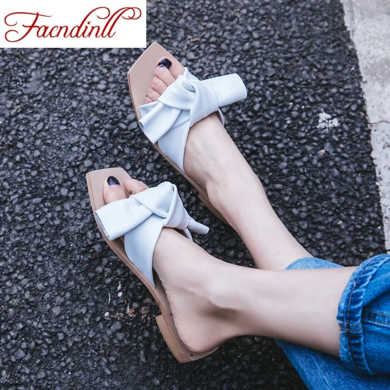 

FACNDINLL 2019 new fashion summer women shoes square toe bowtie slippers baotou low heels dress party casual shoes woman sandals