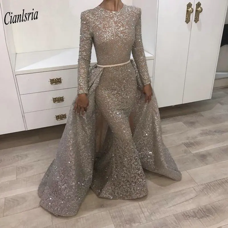 Elegant O-Neck Long Sleeve Sequined Evening Dresses 2020 Muslim Arabic Formal Party Gowns Dubai Mermaid Prom Dress | Свадьбы и