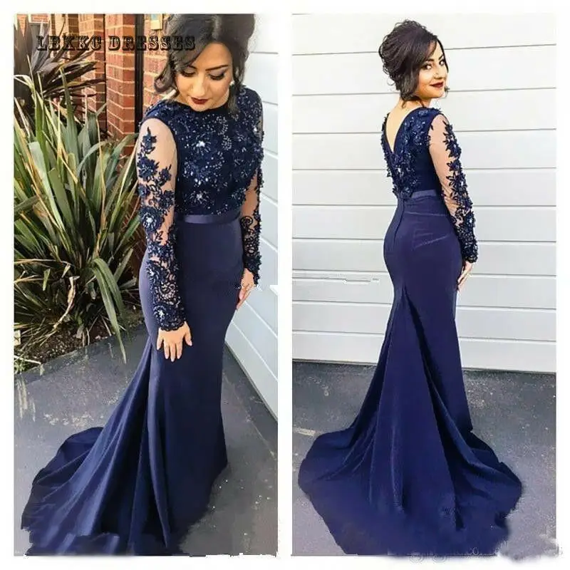 

Vestidos 2019 Sheer High Neck Lace Mermaid Evening Dresses Long Sleeve Navy Blue Prom Dress Mother Of The Bride Dresses