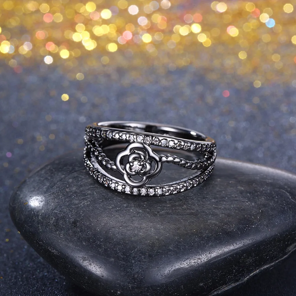 Rose Design With Cubic Zirconia Party Accessorise Black Gun Color Rings For Women Fashion Jewelry (JewelOra RI103323)