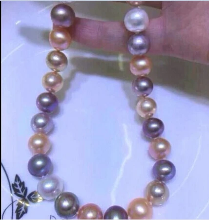 

Free shipping >>@ 9-10mm south sea round white pink purple multicolor pearl necklace