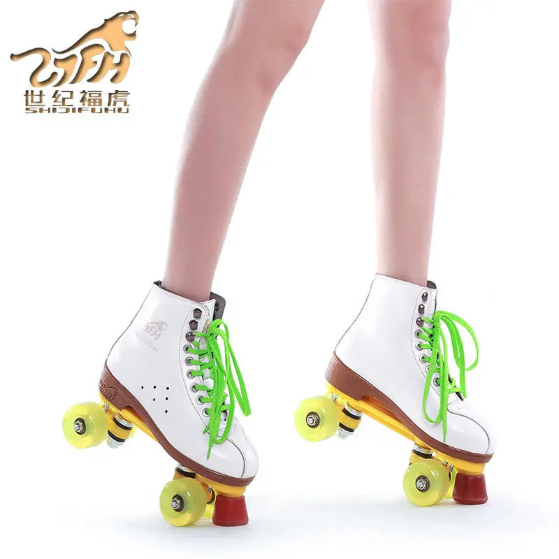 جلد طبيعي زلاجات دوارة مزدوجة خط Patines النساء نماذج الكبار أسود مع سباق 4 بو عجلات اثنين خط الأسطوانة أحذية التزلج