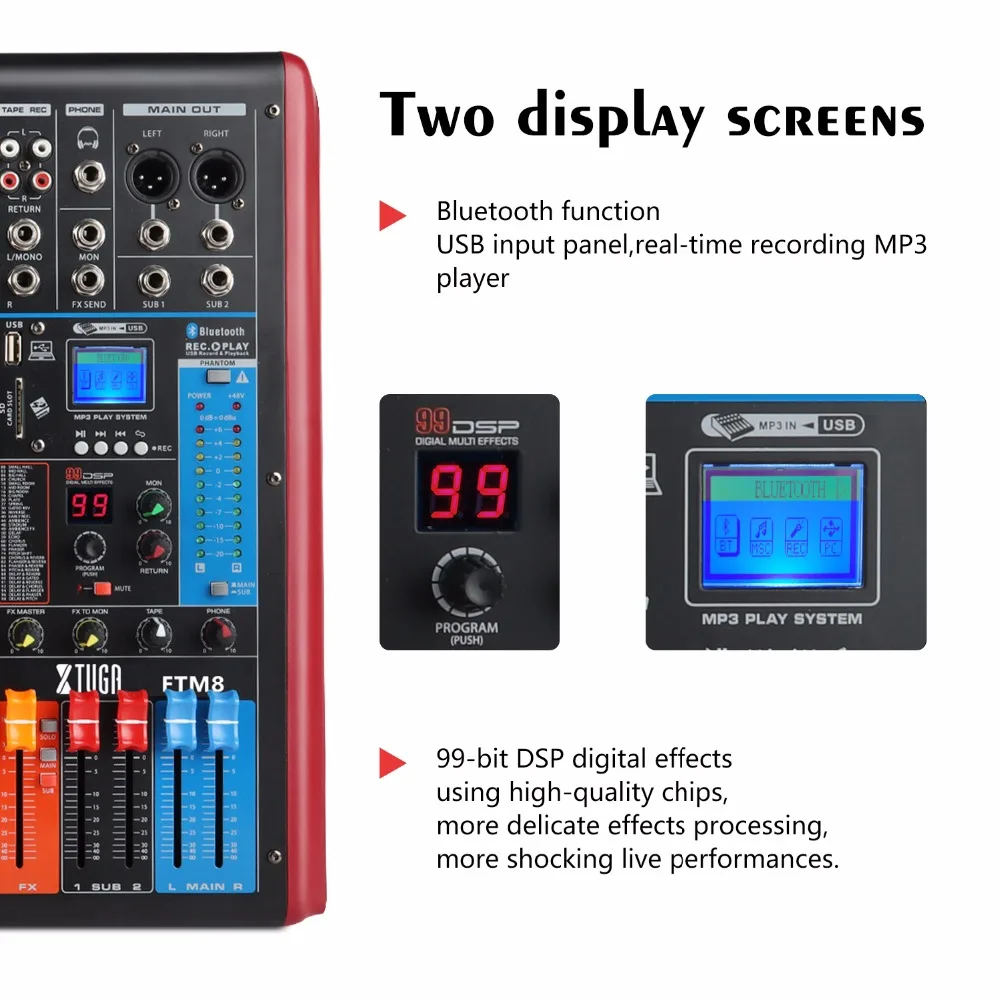 XTUGA FTM8 8-канальный сетевой видеорегистратор профессиональный звуковой микшер звука встроенный 99-bit DSP цифровой эффект с записываемый функция MP3 Распознавание отпечатков пальцев, Bluetooth, USB