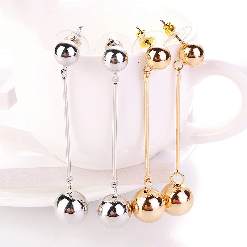Fashion Silvery Golden Party Big Round Ball Metal Beads Unique Exquisite Hanging Long Drop Earrings