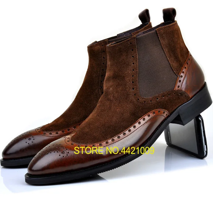 

Ankle boots dress shoes men slip on pointed toes genuine leather roman boots patchwork suede elastic band high top casual shoes