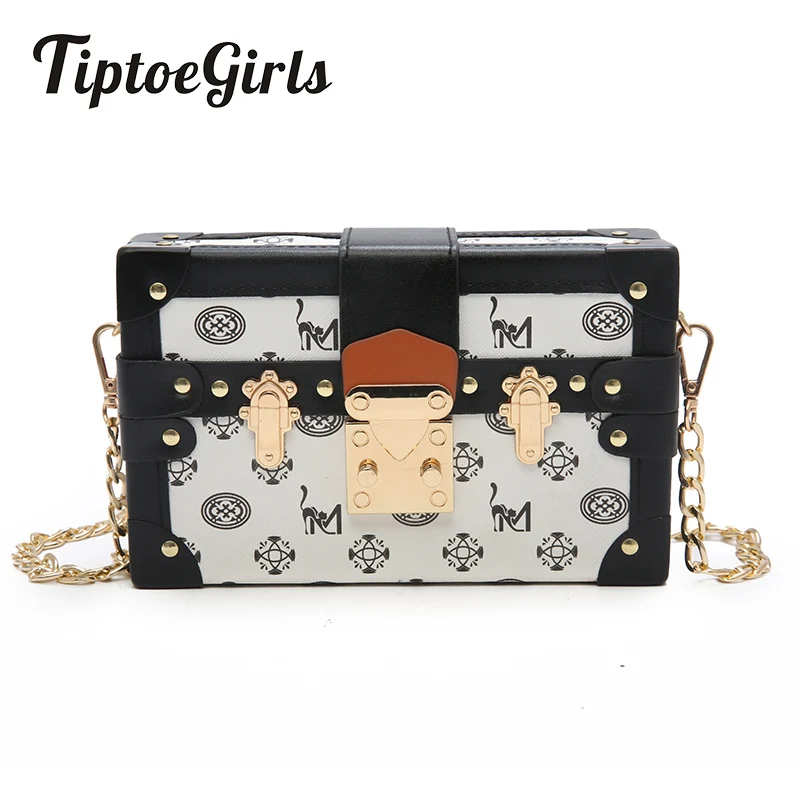 

New Retro Simple Bag Female Leisure Small Box Package Bag Personality Hit Color Printing Fashion Shoulder Chains Messenger Bag