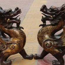 Xd 001761 2" Народная Китайский Бронзовый Свинка Животное Летать Дракон Зверь Kylin Единорог Чи-лин Пара