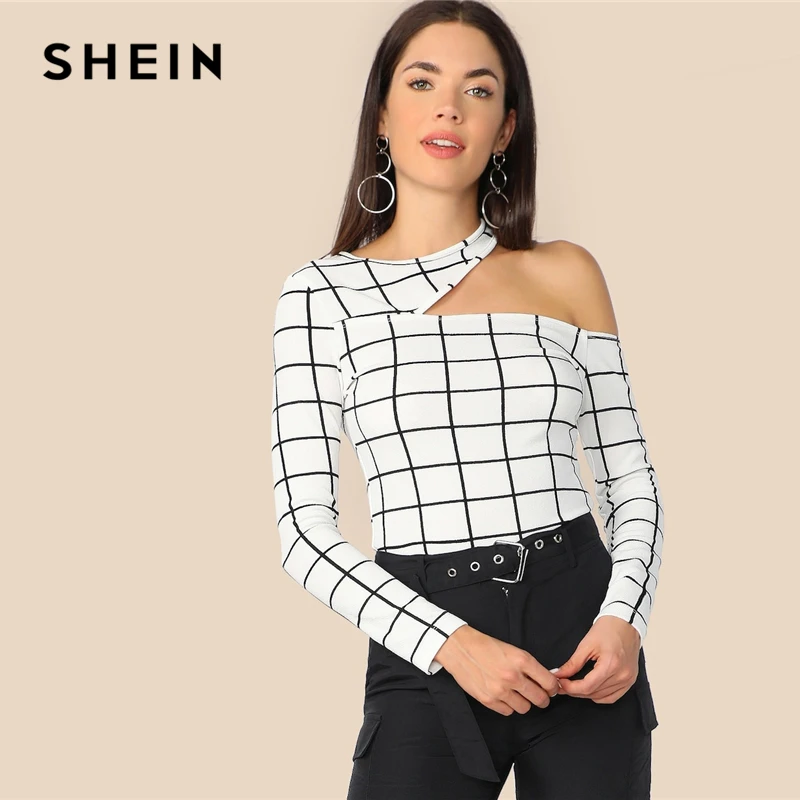 SHEIN Асимметричный Приталенный Топ С Вырезом Сексуальная Клетчатая Футболка