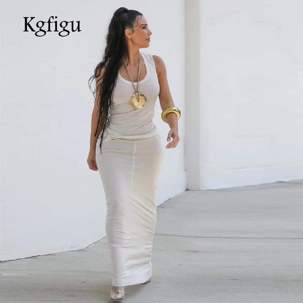 KGFIGU платье Ким Кардашьян модная модель одежда макси длинный хлопковый Халат сексуальная без рукавов белая vestidos Женская одежда