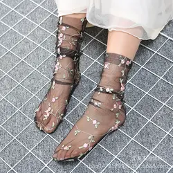 2 цветная вышивка цветы fTulle носки женские прозрачные ультра-тонкие носки Длинные Лолита Женский, сетчатый Цветочные забавные носки