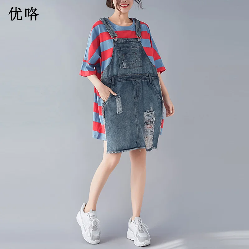 

Women Summer Striped Patchwork Denim Dress Womens Plus Size Knit Midi Dresses Casual Loose Fake Two Piece Dress 4XL 5XL 6XL 2019