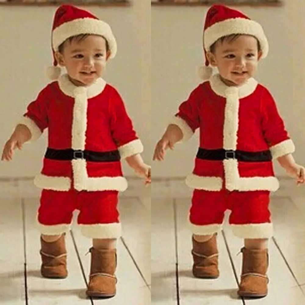 

Toddler Kids Boys Christmas Party Costume 4Pcs Sets Infant Baby Boy Long Sleeve T-shirt Pant Hat Belt Cotton Fashion Outfit Sets