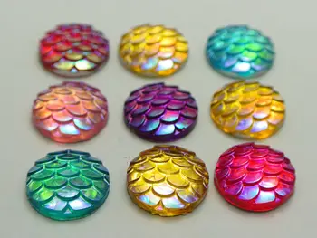 

100 Mixed Colour AB Flatback Resin Fish Scale Pattern Round Cabochon 12mm