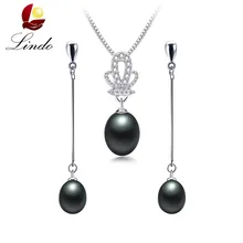 Модные свадебные комплекты ювелирных изделий для женщин высокое блеск натуральный пресноводный жемчуг 925 Серебро длинные серьги+ подвески Lindo