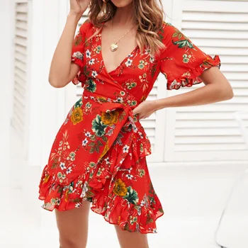 

Casual Summer 2019 Women Boho Dress V-Neck Short Sleeve Ruffles Dress High Waist Streetwear Vintage Loose Ladies Short Dresses
