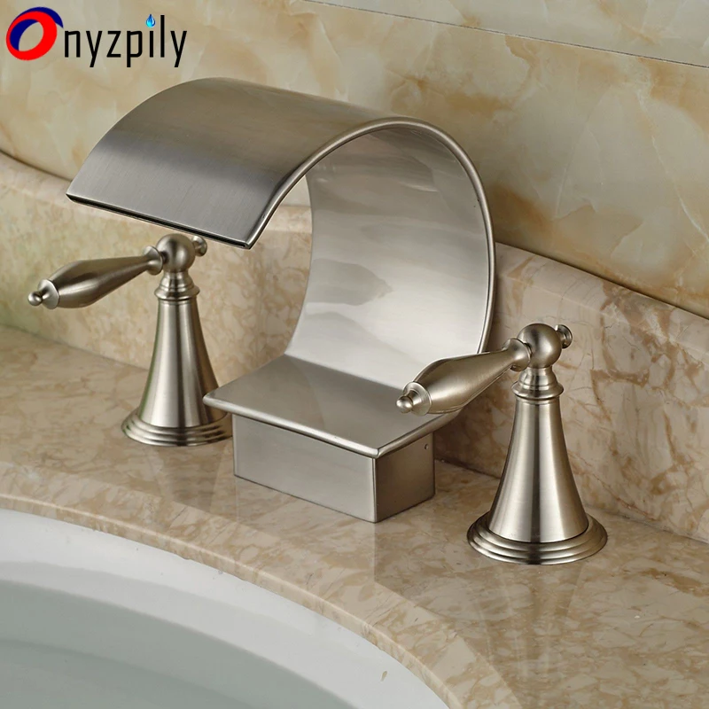 

Brushed Nickel Waterfall Bathroom Faucet Tub Spout Mixer Tap 3 Holes 2 Handles