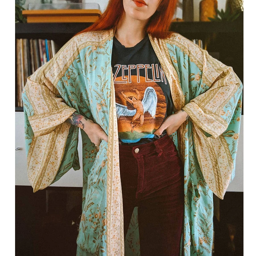 TEELYNN Boho robe Kaftan maisie Turquoise Floral print cardigan beach wear Kimono sleeve Side Slits loose summer women blouses TEELYNN Boho robe Kaftan maisie Turquoise Floral print cardigan beach wear Kimono sleeve Side Slits loose summer women blouses
