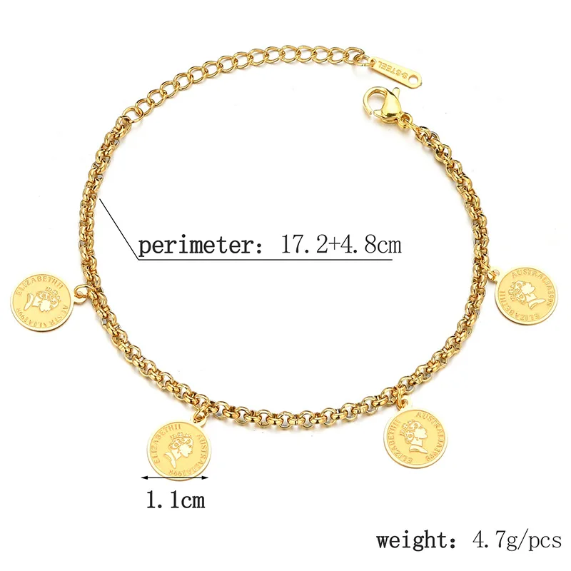 Koop F B353 Groothandel Elizabeth Coin Charm Armbanden Voor Vrouwen Groothandel Sieraden Populaire Roestvrij Staal Gouden Kleur Armband Mannen