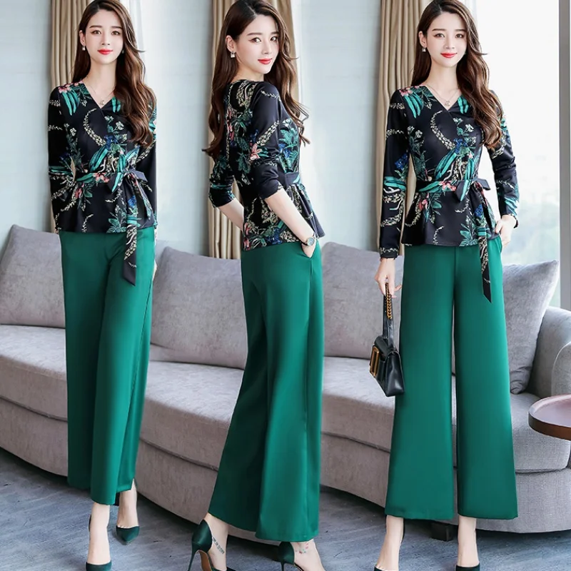 

Spring Chiffon 2 Piece Set Women Wide Leg Trousers Suit Set Prints Casual Year-old Female Costume Office Lady Conjunto Feminino