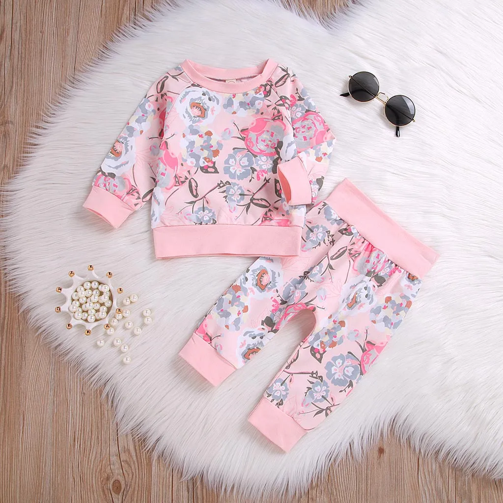 

2Pcs Toddler Baby Girls Long Sleeve Flowers Print Tops+Pants Outfit Set