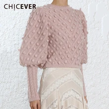 CHICEVER Vintage Sweater For Women Crop Tops O Neck Lantern Sleeve Slim Sweaters Clothing Female Fashion New Autumn