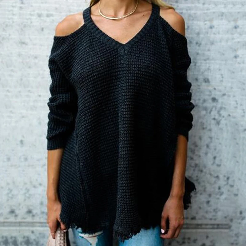 

Women Boho Cold Shoulder Gray Cotton Off The Shoulder Tassel Waffle Weave Cozy Thermal Sweater Top Knitted Wear