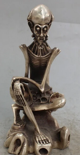

9" Marked Chinese Silver Damo Bodhidharma Dharma Buddha Skull Bone Arhat Statue S0708