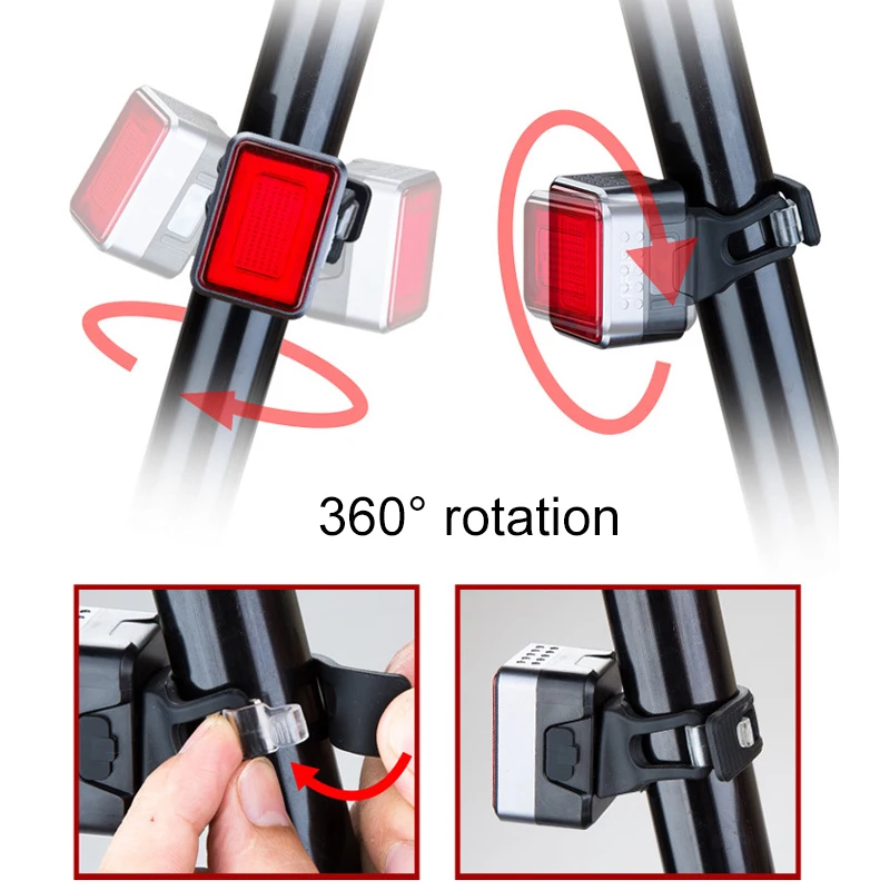 USB Автоматическая подзарядка тормоза индукции велосипед задний фонарь 180 Вращение велосипедный задний свет ночная безопасность Предупреждение велосипед свет