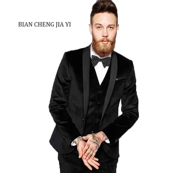 

New Bespoke Black velvet Mens Wedding Prom Groom Suits Slim Fit Groomsmen Tuxedos Blazers Customed Groom Party 3 pieces Suits