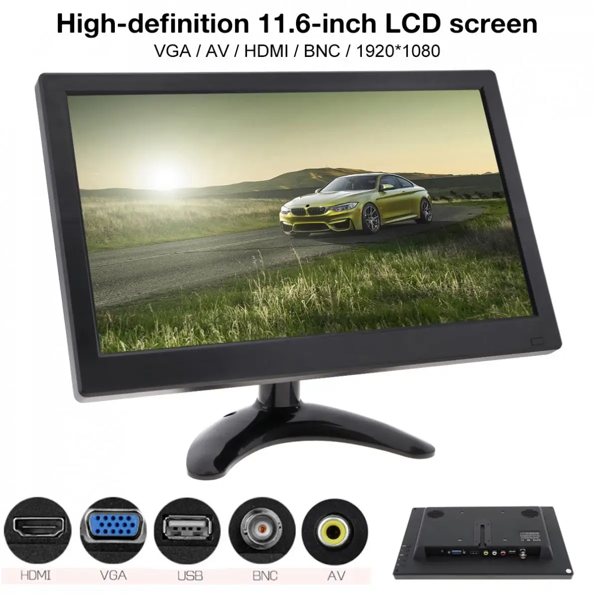 HD 11.6 Inch IPS TFT LCD Car Monitor TV Computer MP5 Player 2 Channel Video Input Security Monitor with Speaker HDMI AV BNC VGA