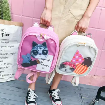 

Lovely Cat Ear Leather Backpacks Candy Color Transparent Bag Women Shoulder Bags School Teenage Girls Travel Bagpack Itabag