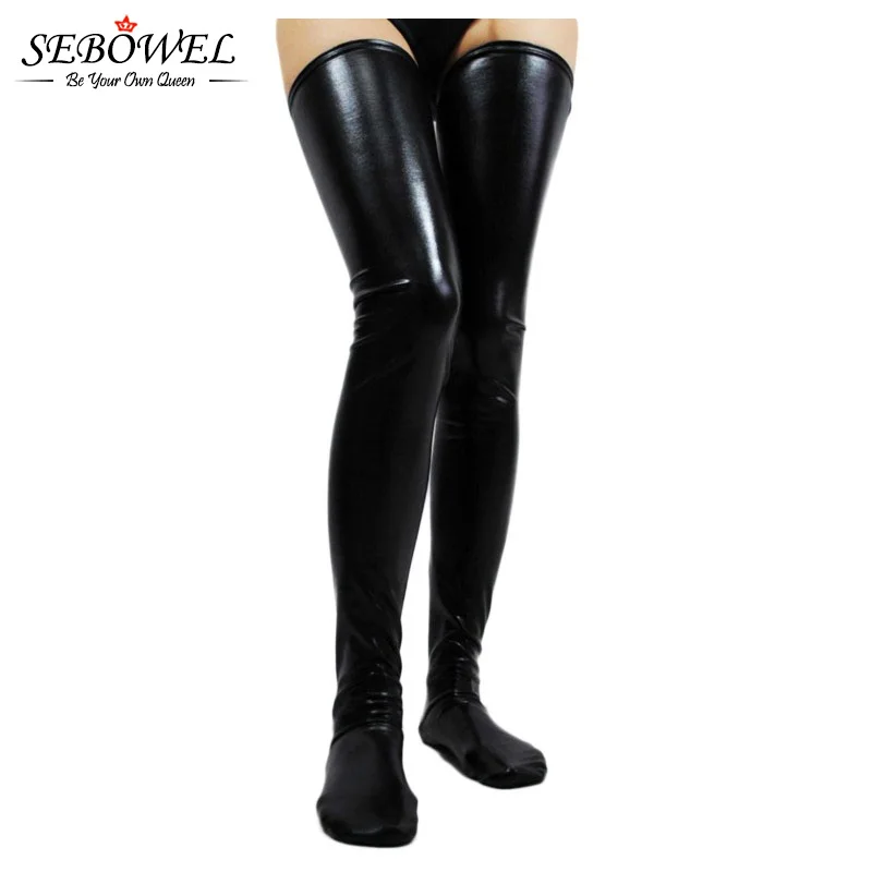 

SEBOWEL Winter Thigh High Stocks Cludwear Long Black Faux Leather Sexy Latex Stockings Women Wet Look Vinyl Fetish Stocking