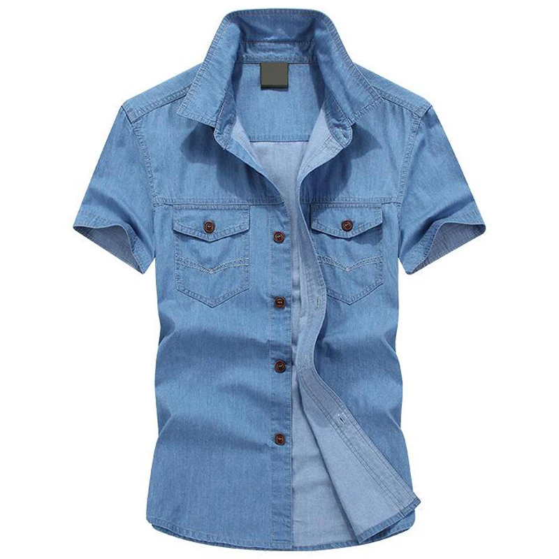 

100% Cotton Denim Jeans Shirt Men Summer Breathable Short Sleeve Casual Shirts Mens Classic Streetwear Social Shirt 5XL Camisas