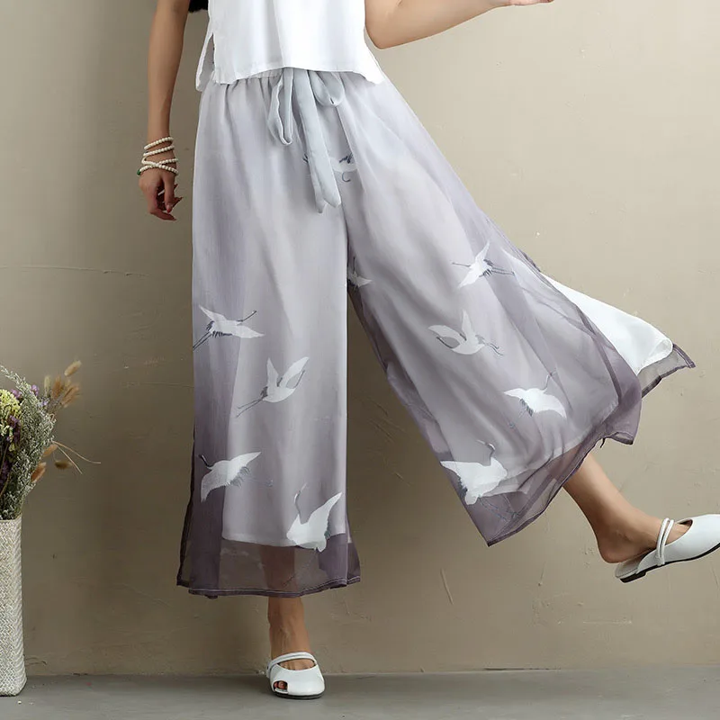 

National Wind Women Casual Pants Thin Chiffon Print Ankle-Length Wide Leg Pants Vintage Plus Size Gradient Color Pants LJ2310
