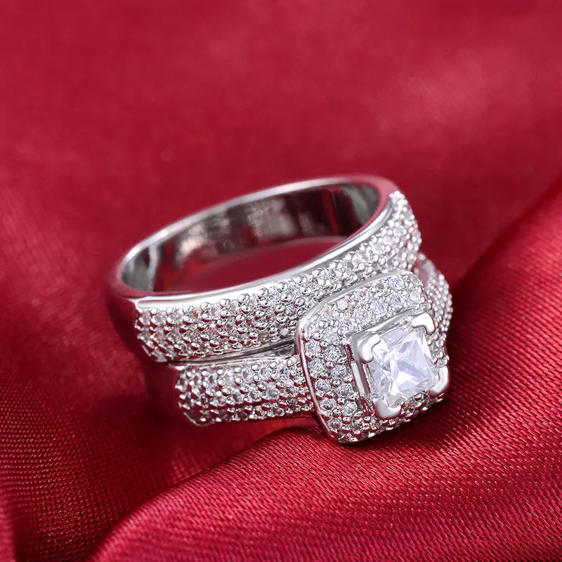 Victoria Wieck 925 Silver Princess Full Simulated Diamond 10KT White Gold Filled Women Engagement Wedding Band Ring Set