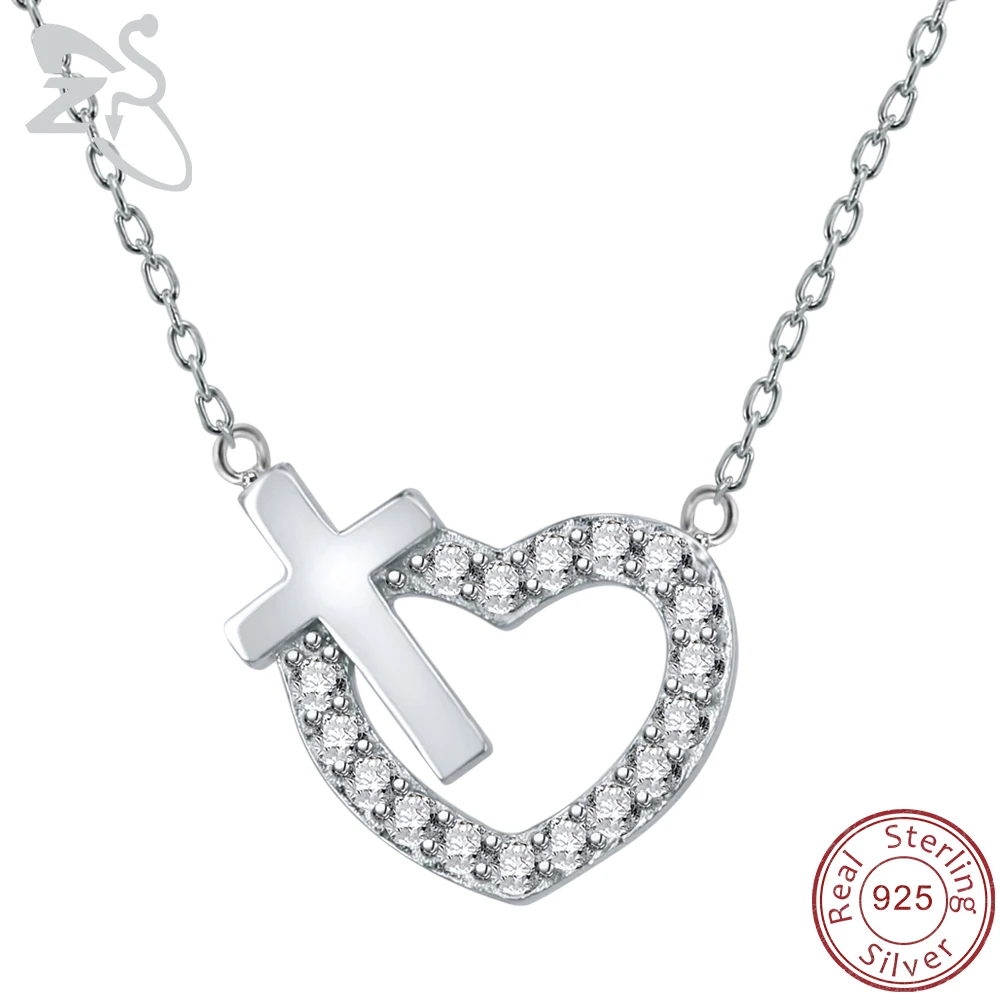 ZS Cross Heart Silver Pendant Necklaces for Women Friendship Necklaces
