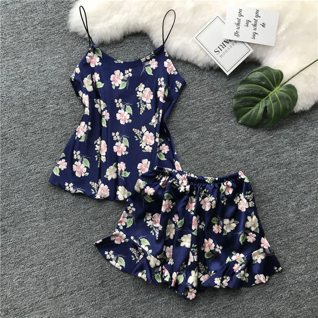 

Women Lace Silk Satin Pajamas Sets Sleepwear Sexy V Neck Floral Printed Nightdress Shorts Female Lingerie Nightgown Suit 2pcs