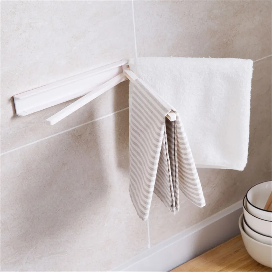 Towel Bars Bathroom Tools Organizer Rotating Towel Storage Rack Wall Mounted Kitchen Tools Holder Dishcloth Scarf Plastic Hooks3