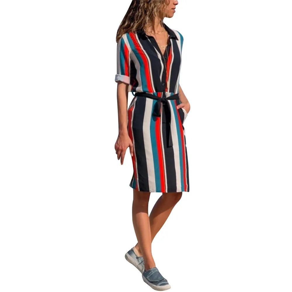 

WomailSummer Dress Women Striped Beach Chiffon Mini Dress Office Lady Long Sleeve Casual Turn-Down Collar Shirt Dress Robe Femme