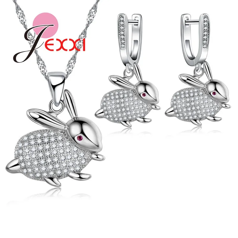 

JEXXI Handmade Cute Little Animal Silver Long Chain Running Rabbit Necklace Earring Set Women's Fashion Crystal Pendant Jewelry