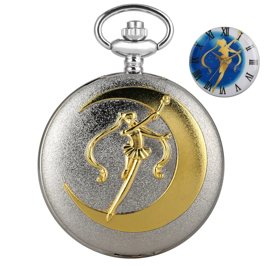 

Japanese Anime Sailor Moon Theme Quartz Pocket Watch Silver Pendant Necklace Chain Gifts for Kids Girls Lady Dropshipping