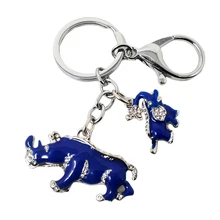 Nova chegada liga strass chaveiro azul elefante rinoceronte proteção chaveiros w1041