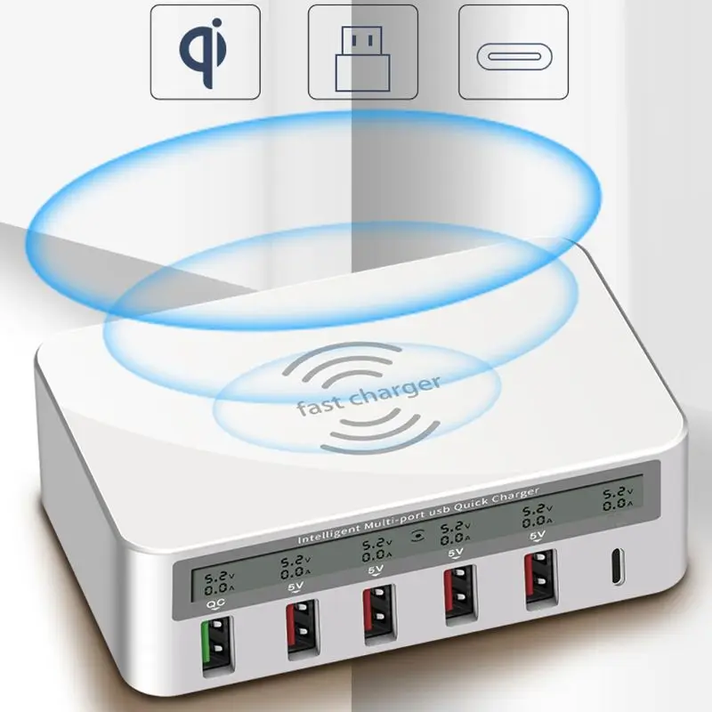 7-в-1 Тип C USB QC 3,0 Быстрая Зарядка Qi Беспроводной Зарядное устройство с ЖК-дисплей Напряжение ток Дисплей для iPhone samsung huawei телефон планшет