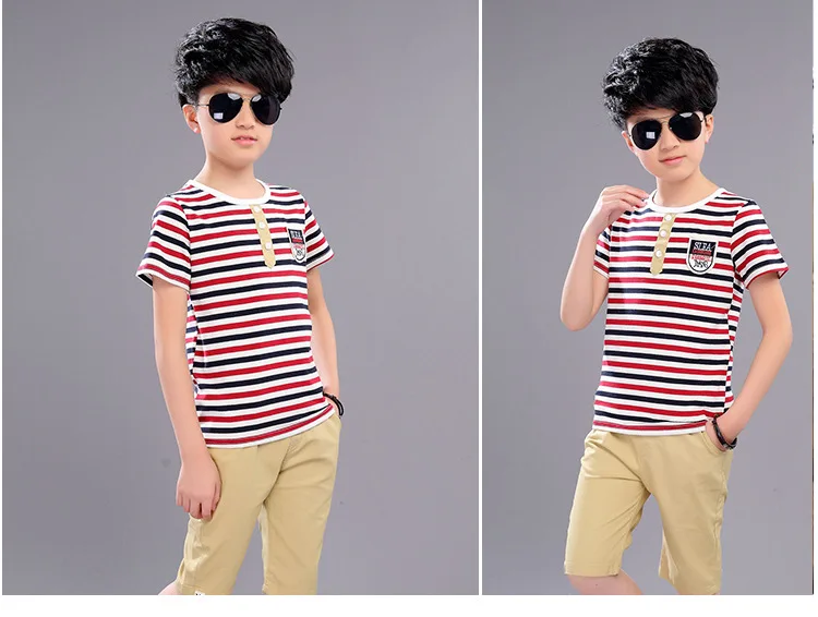 Одежда для мальчиков, детская одежда, хлопковый Детский комплект, футболка с короткими рукавами+ штаны, комплект из 2 предметов в полоску, летняя детская одежда