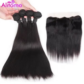 

Alitomo Straight Bundles With Frontal 5 Pcs Human Hair Weaves Indian Hair 4 Bundles With Frontal 13X4 Lace Closure Non Remy